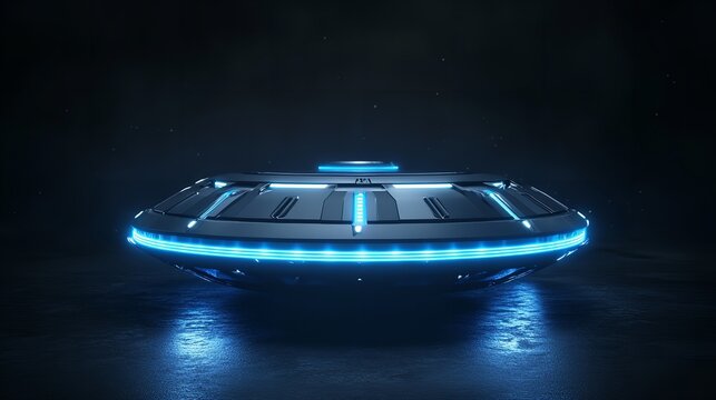 Futuristic UFO with Blue Neon Lights – Sci-Fi Alien Spaceship - Powered by Adobe