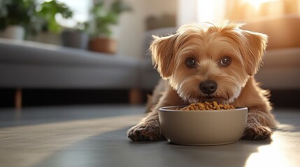 This heartwarming image captures a playful dog contentedly enjoying its meal from a bowl, evoking feelings of joy and companionship between pets and their owners.