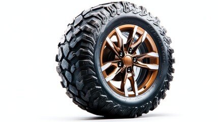 Fototapeta premium Explore this captivating image featuring a rugged off-road tire mounted on an eye-catching bronze alloy rim, perfect for showcasing versatility and style in automotive design.