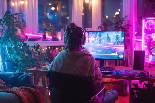 Enthusiastic gamer girl experiences tension during an online shooter on her colorful lit PC at home