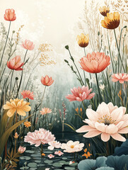 Spring flowers and wild flowers on background and lilies on the water, generative ai