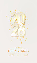 2026 gold metal number for New Year . Festive Christmas banner with falling confetti on bright background. Realistic Golden 3d number. Vector