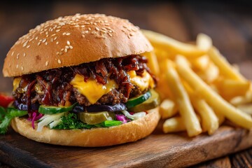 Beef burger combo with cheese sauce eggplant grated potatoes pickles and fries on a wooden table Empty space for text