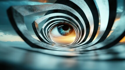 A captivating abstract representation depicting an eye surrounded by a surreal spiral landscape, evoking feelings of curiosity and introspection in the viewer's mind.