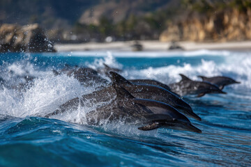 Obraz premium Dolphins leaping through sparkling ocean waves in playful display