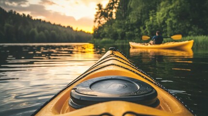 Two kayaks on a calm lake at sunset. The kayaking activity is peaceful and serene. The kayaks are yellow and black