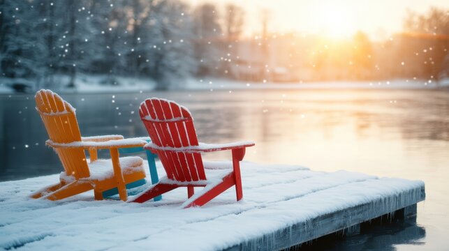 Two brightly colored chairs adorn a snowy dock by a serene lake, capturing the serene beauty of winter and inviting thoughts of warmth and relaxation.