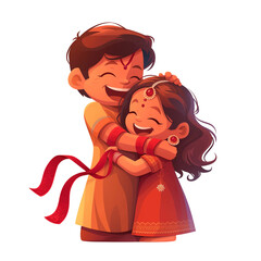 A cute cartoon of an Indian brother and sister hugging, celebrating Raksha Bandhan. A sweet vector illustration perfect for children's greeting cards, stickers, and educational content.