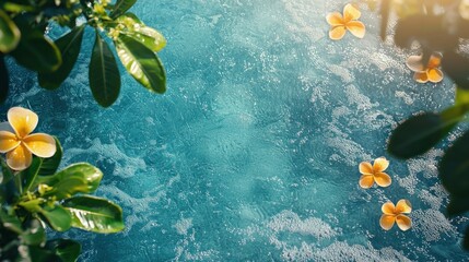 A serene pool with floating yellow flowers and green leaves, creating a tranquil and natural ambiance.