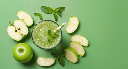Green apple smoothie top view on green background with apple slices. Generative ai.