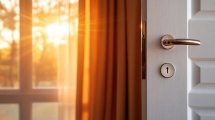 Obraz premium A beautifully lit open door reveals a warm sunrise streaming in, symbolizing hope, new beginnings, and the invitation to embrace the day with positivity and joy.