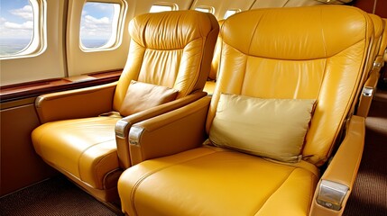 Fototapeta premium Comfortable yellow leather airplane seats with pillows and windows in the interior cabin