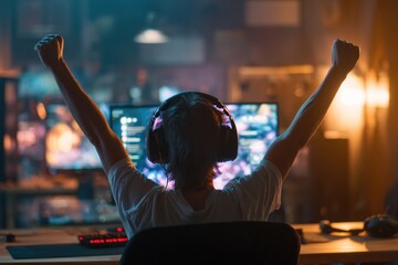 Vertical image of a joyful gamer celebrating a win during an online tournament at home representing success and live streaming