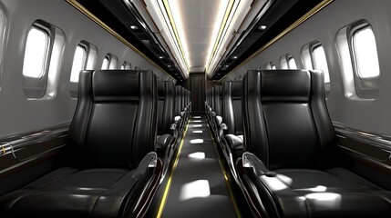 Obraz premium Modern aircraft interior with black leather seats and overhead lighting
