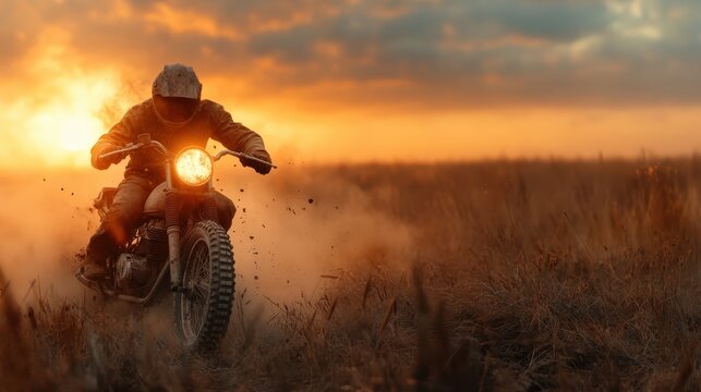 A thrilling shot of a rider on a motorcycle dashing through dusty terrain at sunset, illustrating adrenaline and adventure while showcasing the beauty of motion against a vibrant backdrop.