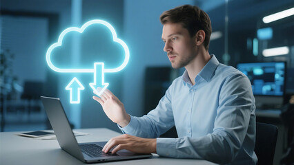 Man uses laptop with cloud computing graphic overlay for data transfer