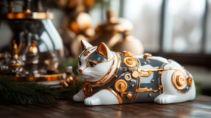 A beautifully crafted cat figurine adorned with intricate gears and golden accents, merging elegance with a steampunk aesthetic perfect for home decor or collectors.