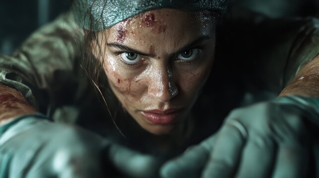 A rugged warrior with an engaging stare, drenched in sweat and blood, showcases determination and strength in a gritty, post-apocalyptic environment during a tense moment.