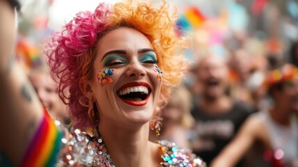A joyful woman with colorful hair and lively attire celebrates at a festival, embodying the spirit of happiness, inclusivity, and joyous expression.