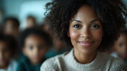 A warm smiling woman exudes kindness and positivity while engaging with a group of children, portraying themes of nurturing, education, and connection.