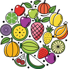 “Colorful Fresh Fruits Vector Illustration with Various Tropical and Exotic Fruits for Healthy Food and Summer Designs”