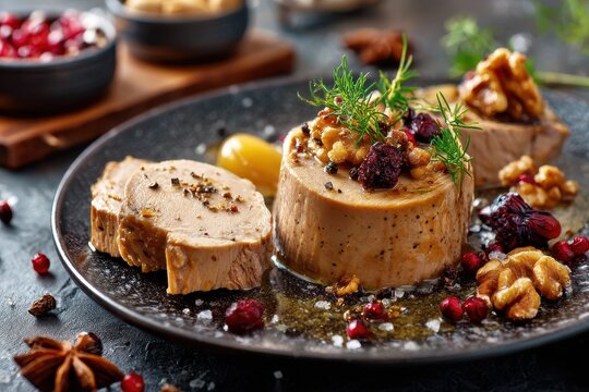 A wooden table displays a top view of a plate featuring French foie gras alongside nuts pepper salt and dried fruits with space for text