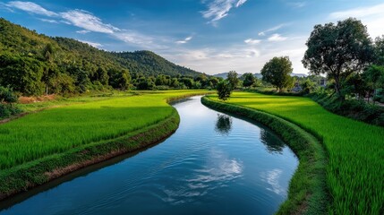 Tranquil river through lush rice fields