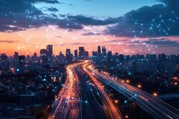 Obraz premium City skyline at twilight, network overlay