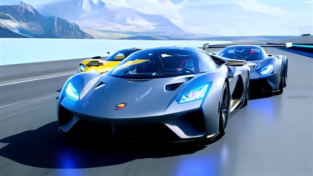 Supercars blast forward on sleek highway with blue nitro trails, combining aerodynamic power, sleek design, and adrenaline rush in high-speed futuristic racing competition.