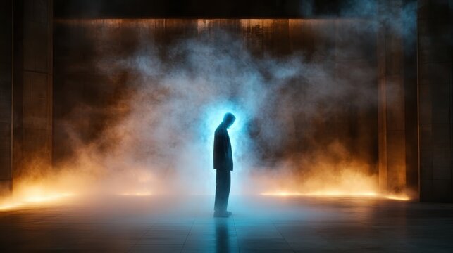 A lone figure stands in a misty environment illuminated by ethereal blue and warm orange lights, embodying solitude and the search for inner peace amidst chaos.