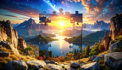 A vibrant landscape with mountains, a lake, and a radiant sunset, depicted with a jigsaw puzzle piece overlay at the center.