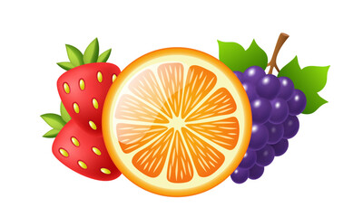 Set of fruits. Grapes, strawberry and orange. Vector illustration