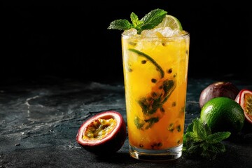 Vibrant tropical drink with passion fruit lime and mint A strong cocktail against a dark backdrop