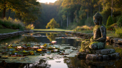 Naklejka premium Moss-Covered Buddha Statue Beside Lotus Pond in Tranquil Garden
