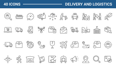 Delivery and Logistic set of web icons in line style. Shipping service icons for web and mobile app. Shipping, logistics, delivery, courier, tracking, refunds and more. Vector illustration