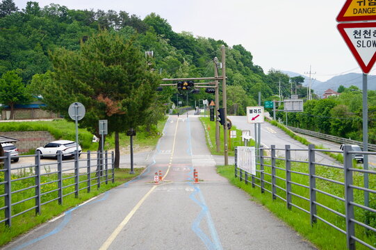Cyclist Traffic Light and Road Crossing on Bukhangang Trail