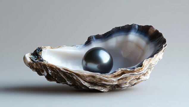 A black pearl nestled in an open oyster shell