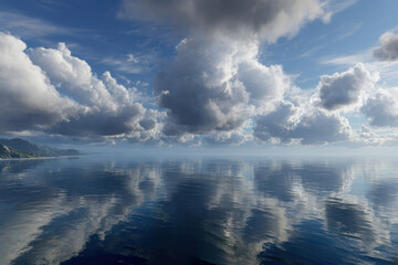 Obraz premium Calm ocean bay revealing reflections of fluffy white clouds