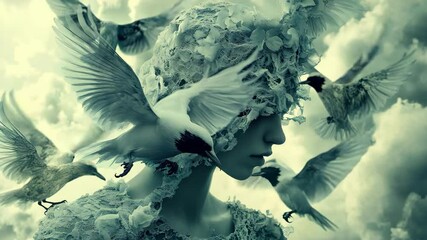 A woman is surrounded by birds in the sky - Powered by Adobe
