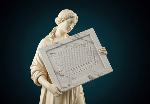 Woman Virgin Statue Holding Horizontal Frame Photo Poster Relieve Mockup