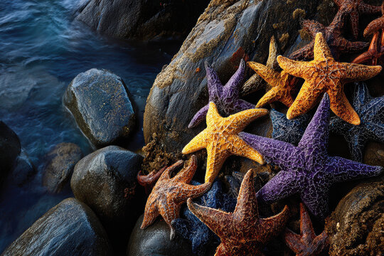 Colorful starfish thrive in tide pools on rocky coastal shoreline