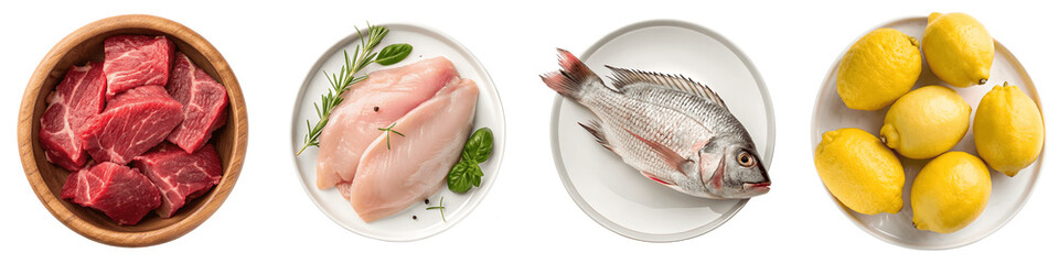Set for Raw meat and fish isolated on transparent background, PNG
