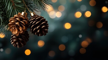 Three beautifully decorated pine cones dangle from a Christmas tree branch, radiating warmth and holiday cheer, surrounded by soft bokeh lights for a festive touch.
