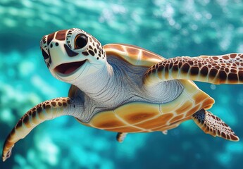 Obraz premium Happy turtle swims in vibrant coral reef