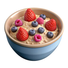Creamy Oatmeal Breakfast Bowl Topped with Strawberries Raspberries Blueberries isolated on a transparent background