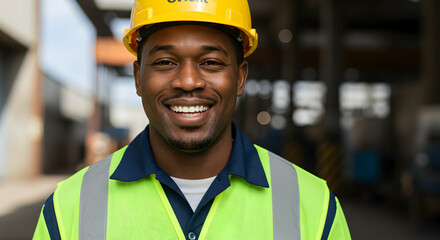 Smiling African American factory worker wearing safety gear hard hat vest industrial job