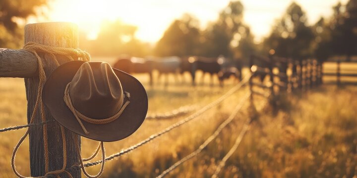 Rustic cowboy hat hangs on a wooden post of a fence at sunset.  A blurred field of golden grass and horses is in the background
