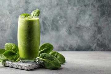 Spinach detox smoothie in a high glass on a white stone surface Overhead view with empty space