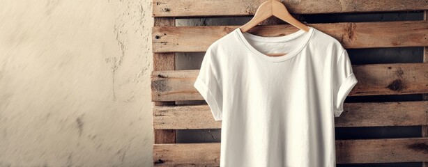 The white t-shirt hanging elegantly on a wooden background for lifestyle appeal.