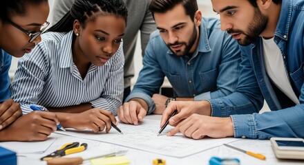 Multiethnic Team Collaborating on Blueprint: Diverse Professionals Reviewing Architectural Plans Together, Discussing and Developing Project Strategy in Modern Office Setting